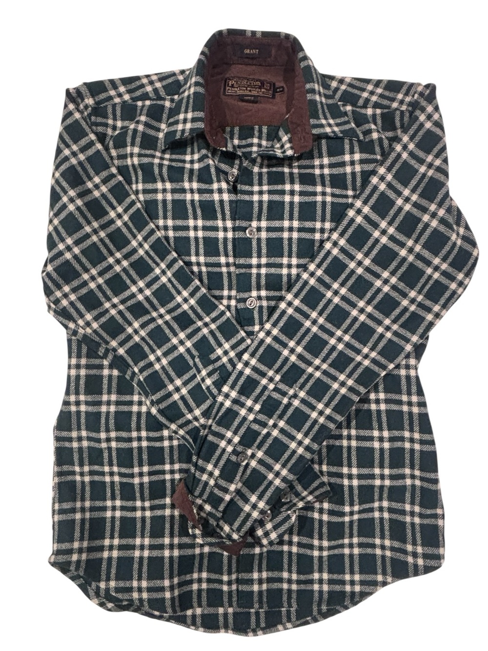 Pendleton 100% Virgin Wool Plaid Flannel Shirt Green Brown S/P